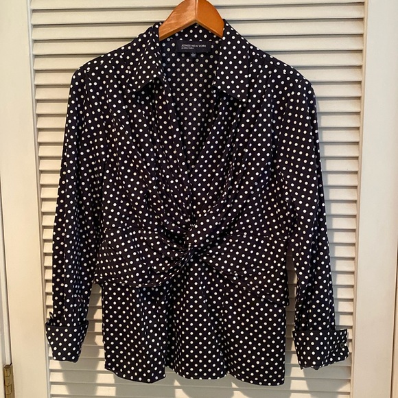 Jones New York signature Knot Front Blouse polkadot white on black size L cotton - Picture 1 of 11